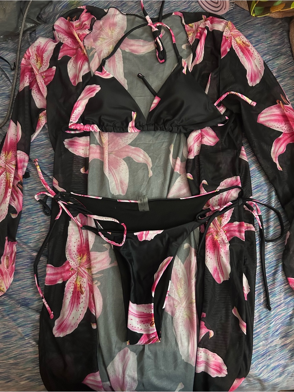 Floral Mesh Cover-Up Set with Black & Pink Bikini